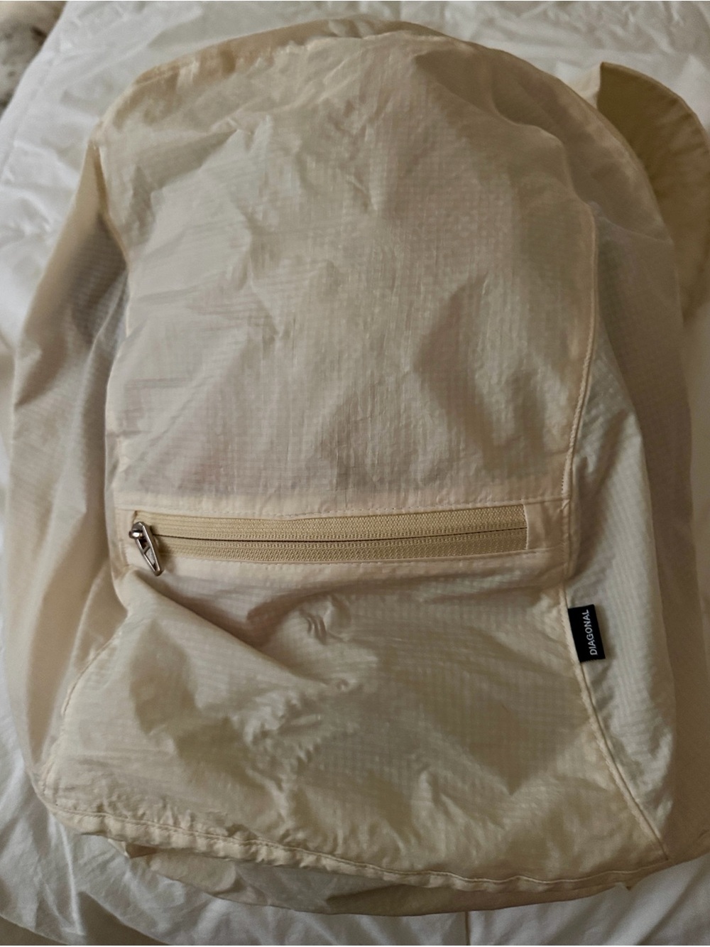 Diagonal Korean Made Light Beige Nylon Backpack with Front Zipper Pocket